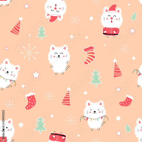 Merry Christmas seamless pattern cute cat doodle in pastel color.