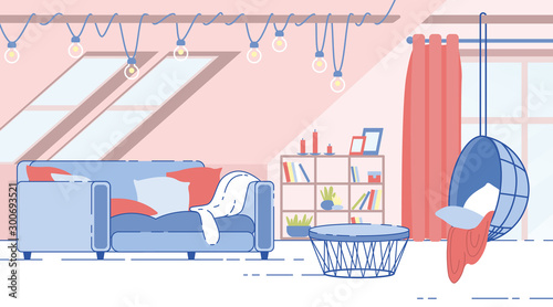 House Attic Room Cozy Interior Design Flat Vector