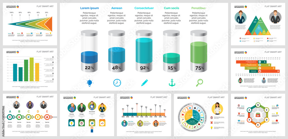 Colorful economy or research concept infographic charts set. Business design elements for presentation slide templates. For corporate report, advertising, leaflet layout and poster design.