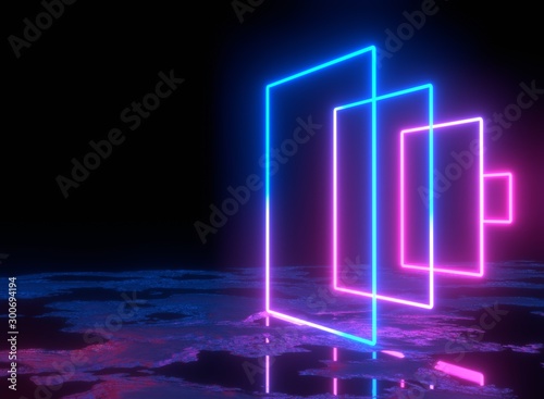Futuristic Sci Fi Rectangle Purple And Blue Neon Glowing Lights In Empty Dark Room With stone Floor WIth Reflections. 3D Rendering.