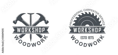 Black and white illustration of a logo of a workshop of wooden products. Vector illustration of a saw, hammer, nail and text on a white background