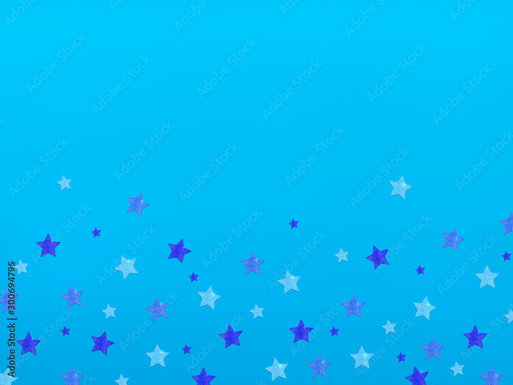 Shiny stars background Design template with copy space Many decorative glitter stars on blue backdrop