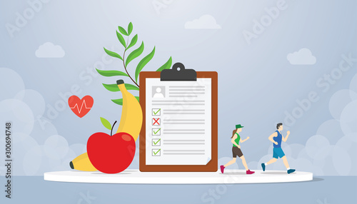 diet plan concept with people running health with healthy food fruit banana and apple - vector