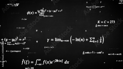 Fly through Math Formula Equation Science Symbols on Blackboard - Abstract Background Texture