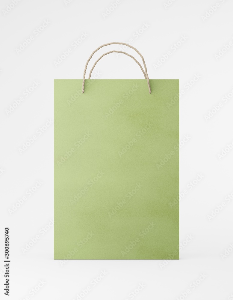 Eco packaging mockup bag kraft paper with handle front side. Standart medium green template on white background promotional advertising. 3D rendering Eco packaging mockup bag kraft paper with handle front side. Standart medium green template on white background promotional advertising. 3D rendering