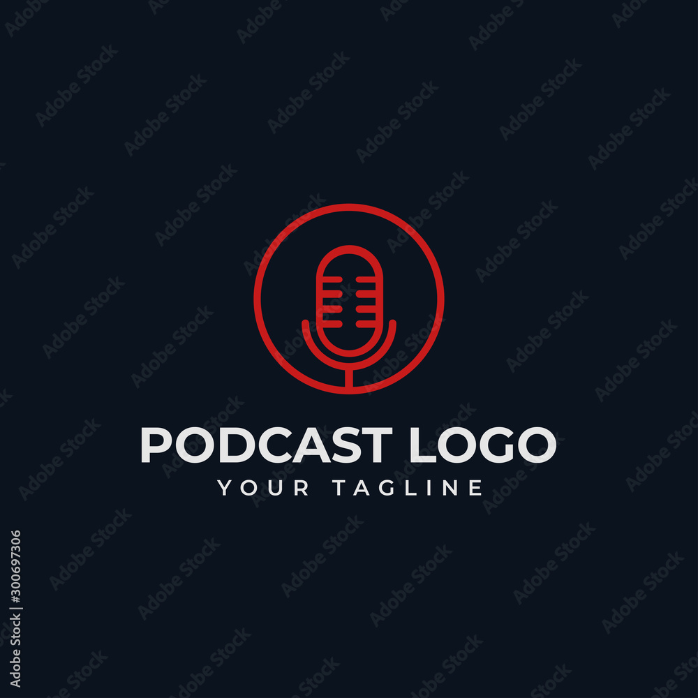 Simple Circle Microphone Podcast Radio Line Logo Design Template
