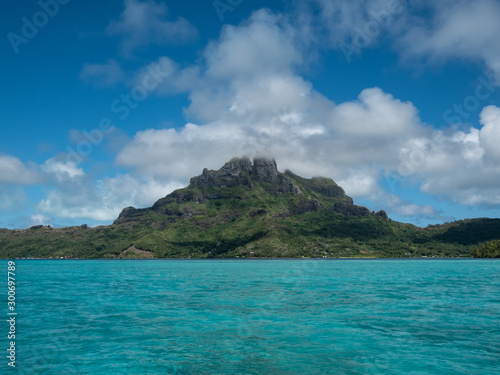 Blue lagoon and Otemanu mountain at Bora Bora island  Tahiti  French Polynesia.