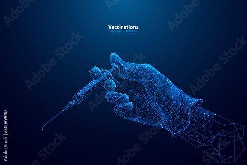 Vaccination low poly wireframe vector banner template. Preventive medicine polygonal illustration. Health care and protection. Medical treatment. Doctor hand holding syringe 3D mesh art