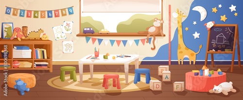 Kindergarten room interior flat vector illustration. Cozy playroom with cute children paintings on wall, furniture and toys. Nursery school environment for teaching kids and playing games.
