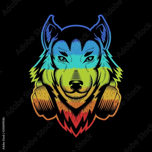 Wolf headphone colorful vector illustration