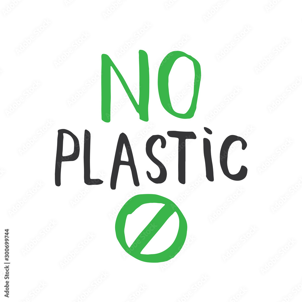 No Plastic Lettering label. Calligraphic Hand Drawn eco friendly sketch doodle. Vector illustration