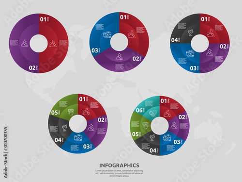 Vector template circle and sector infographics. Set business concept with 2, 3, 4, 5, 6. Used for content, flowchart, timeline, levels, marketing, presentation, graph, diagrams, slideshow, chart