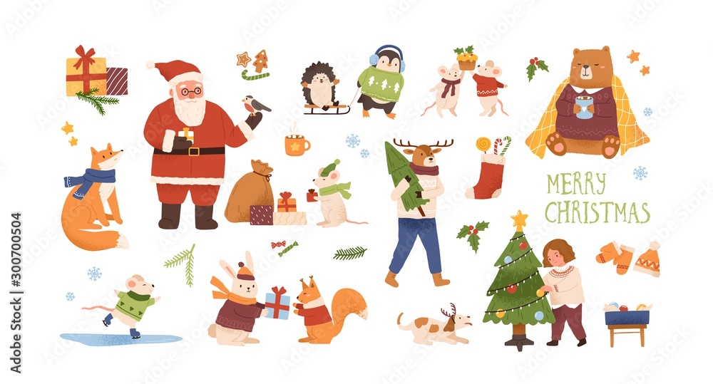 Christmas celebration vector illustrations set. Cute animals with New Year gifts isolated characters. Santa Claus, girl decorating christmas tree. Traditional winter holiday symbols bundle.