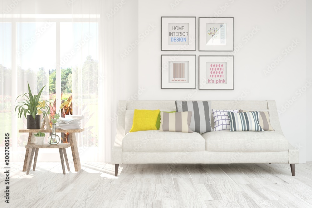 Fototapeta premium Stylish room in white color with sofa. Scandinavian interior design. 3D illustration