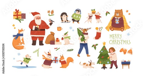 Christmas celebration vector illustrations set. Cute animals with New Year gifts isolated characters. Santa Claus, girl decorating christmas tree. Traditional winter holiday symbols bundle.