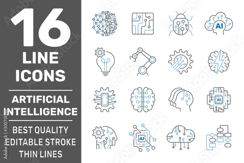 Artificial Intelligence outline icons set. AI technology, IIoT, cyberbrain and AI brain concept. Editable Stroke. EPS 10