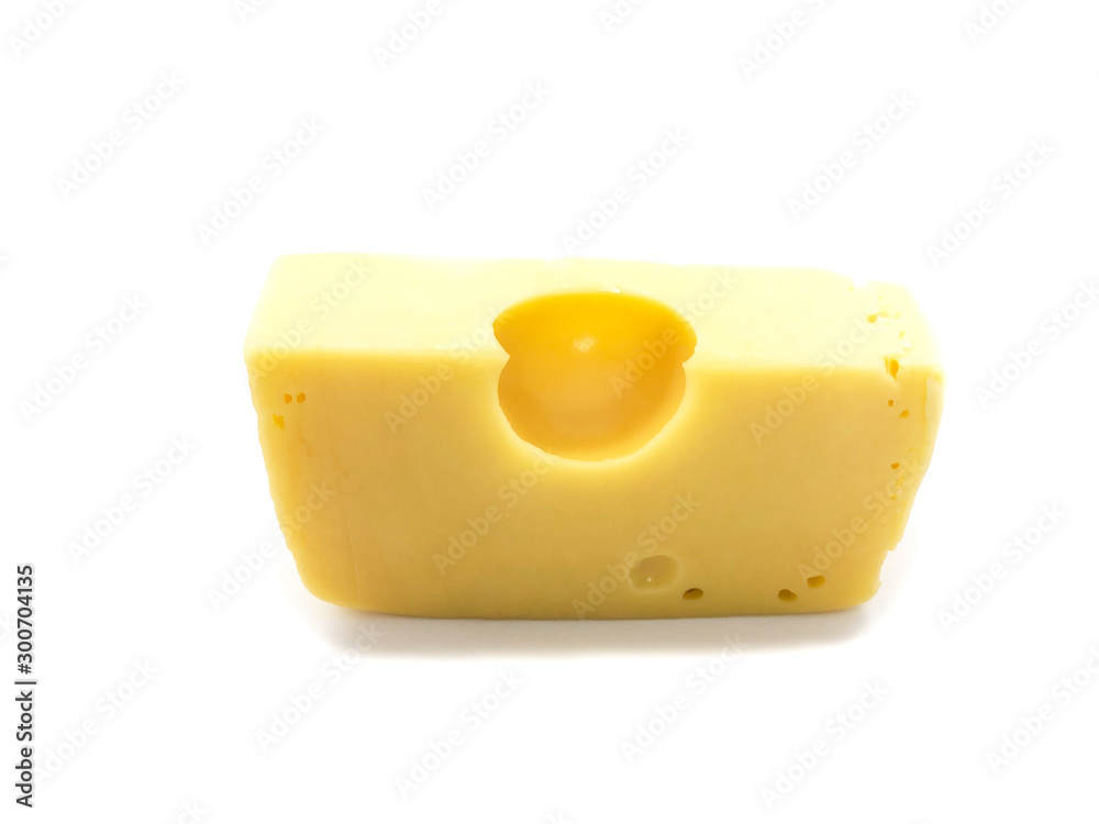 Cheese isolated on a white background. Yellow cheese with holes. Food. A piece of cheese. Cheese