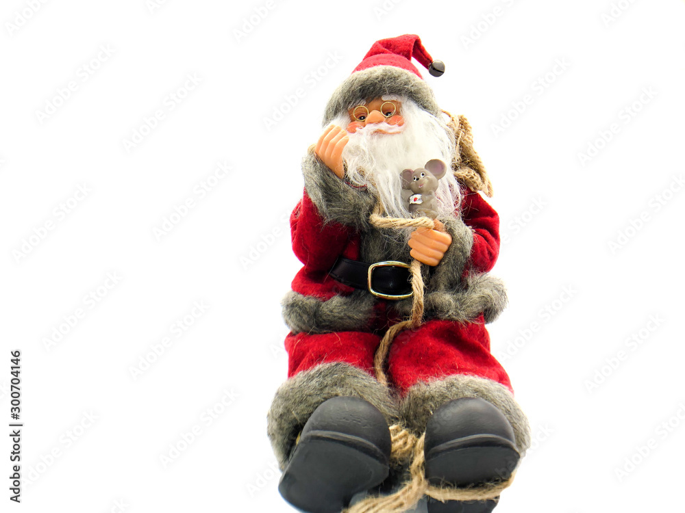 Santa Claus with mouse isolated on white background. Christmas composition of Santa Claus and mouse. Red Santa Claus. New Year. Christmas toy Santa Claus with mouse isolated on white background. Christmas composition of Santa Claus and mouse. Red Santa Claus. New Year. Christmas toy