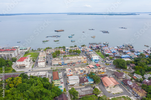 An aerial image of Sandakan City Skyline of Kota Kinabalu, Sabah, Malaysia. Sandakan once known as Little Hong Kong of Borneo.