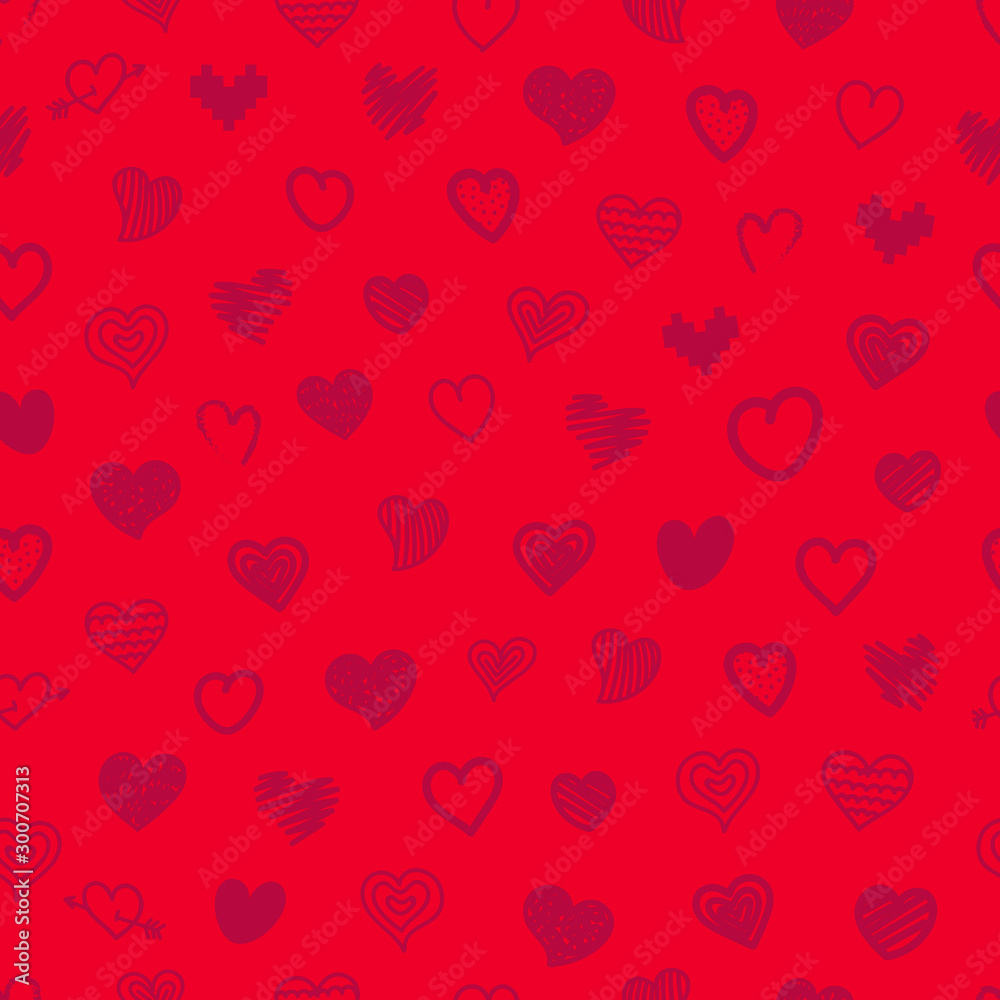 Seamless pattern of different hearts. Vector red background