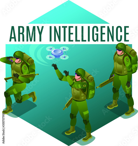 Soldiers of Army Intelligence  isometric icons on isolated background