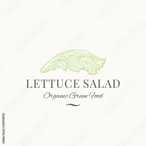 Lettuce Salad Abstract Vector Sign, Symbol or Logo Template. Premium Vegetable or Green Food Emblem. Hand Drawn Salad Leaf Sketch Illustration with Classy Retro Typography.