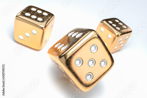 Set of golden dice with white dots isolated on white background