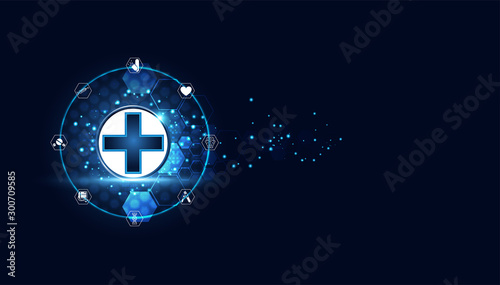 Abstract blue vector illustration with a futuristic concept. Medical treatment consists of blue digital health plus, medical icons such as brain medicine, DNA, medical equipment.