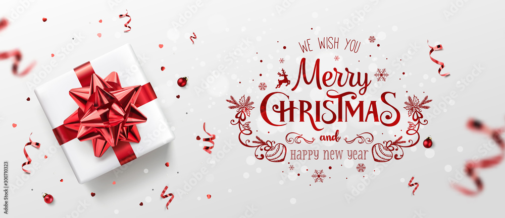 Red Christmas and New Year Text on Xmas background with gift boxes, fir branches, red ribbon, decoration, sparkles, confetti, bokeh. Merry Christmas card. Vector Illustration, realistic vector - obrazy, fototapety, plakaty 