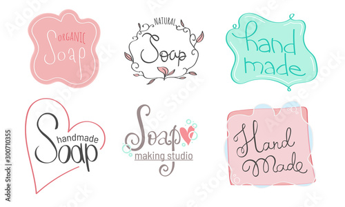 Collection of elegant hand drawn soap labels. Soap logo for handmade studio. Vector templates for soap package design. Cute badges for soap shop, handmade soap products.