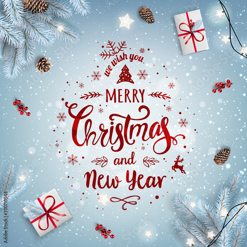 Christmas snowy background with frozen fir branches, gift boxes, pine cones, garland with flashlights. Xmas  and New Year theme. Vector Illustration