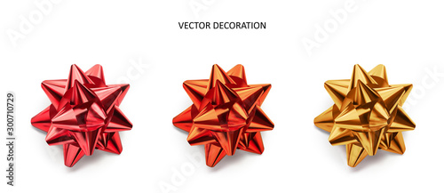 Set of bows pink, red and gold color metallic with shadow on isolated white background. Realistic vector decoration for holiday
