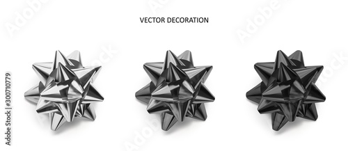 Set of bows silver, grey and black color metallic with shadow on isolated white background.Realistic vector decoration for holiday