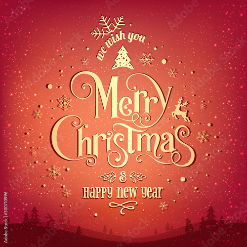 Gold Merry Christmas and New Year text on red holiday background with landscape, snowflakes, light, stars. Xmas card. Vector Illustration