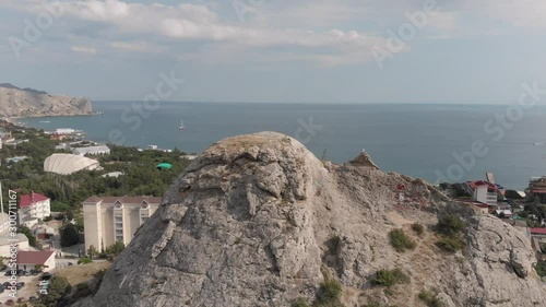 The view from the heights of the resort town of Sudak located on the Crimean peninsula. Russia. A popular destination for vacations and holidays on the Black Sea.