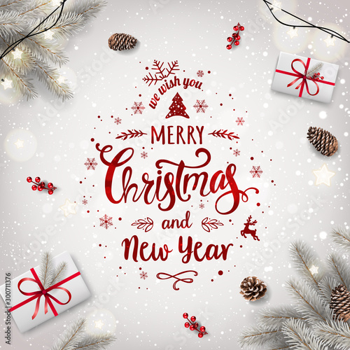White Christmas background with silver fir branches, gift boxes, pine cones, garland of stars. Xmas  and New Year theme. Vector Illustration
