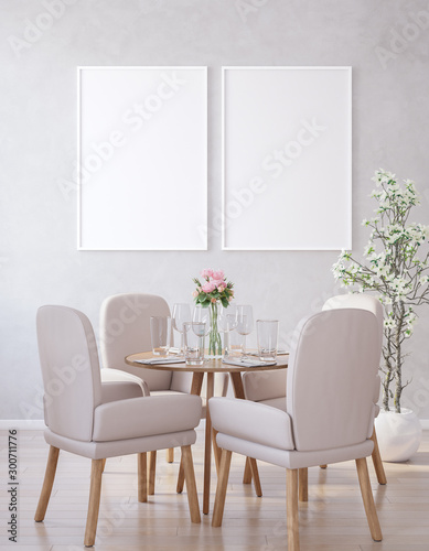 Poster mock up in modern dining room, 3d render