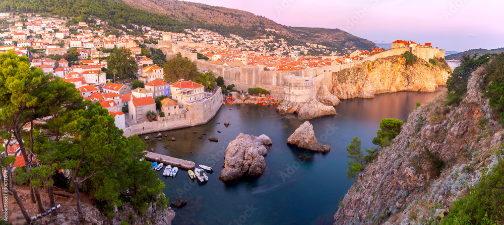 Dubrovnik. Old city walls and towers at sunset.