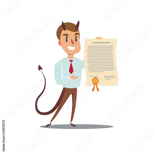 Evil businessman offering contract. Devil's contract. Vector illustration