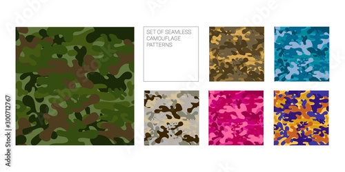 Set of seamless camouflage patterns. Military repeating texture for army and hunting in green, navy and desert colors. Pink camo for girls.