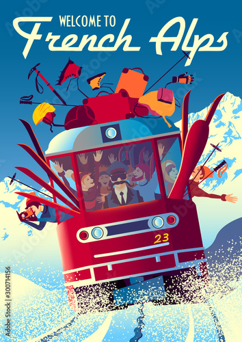 French Alps Travel Poster with railway train in first plan and mountains in the background.