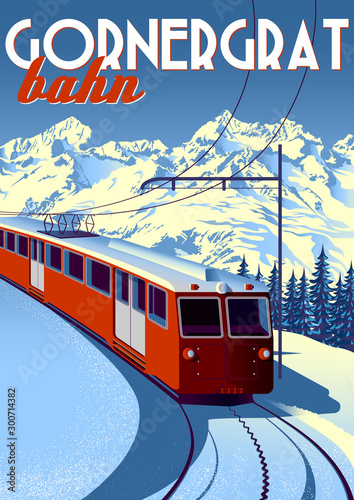 Gornergrat Bahn Travel Poster with railway train in first plan and mountains in the background. photo