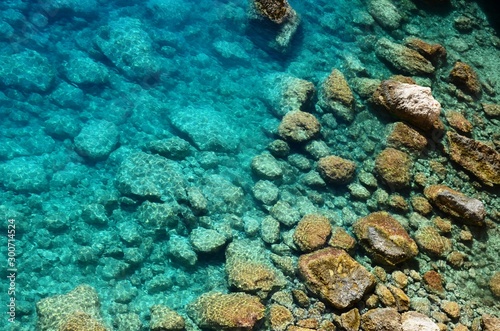 turquoise Ionian Sea water, stones and rocks at Porto katsiki beach on Lefkada Island, Greece. Beautiful landscape.