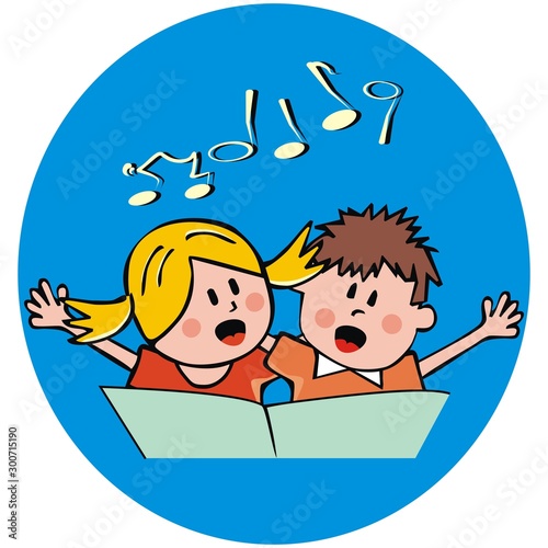 Singing children, girl and boy with a songbook, vector illustration