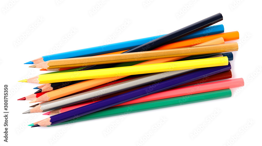 Different color pencils on white background. School stationery Different color pencils on white background. School stationery
