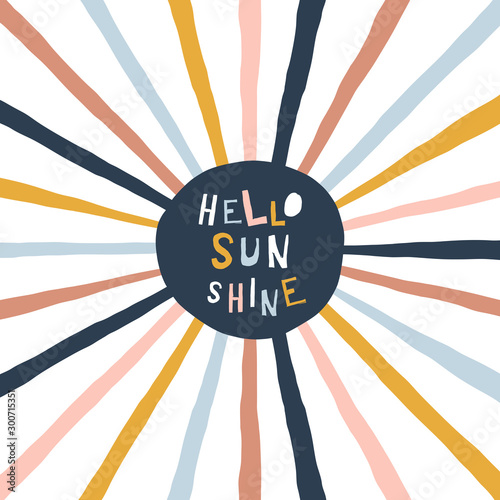 Colorful childish illustration with sun and text. Hello sunshine paper cut style lettering. Typographic print for kids nursery design. photo