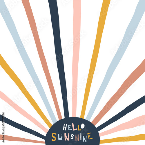 Colorful childish illustration with sun and text. Hello sunshine paper cut style lettering. Typographic print for kids nursery design.