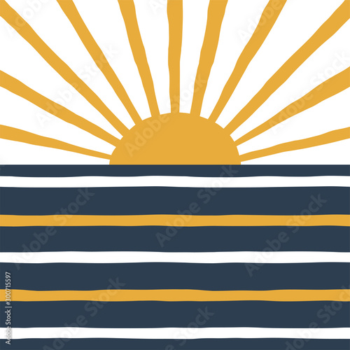 Geometric sunrise and sea simple illustration. Stripy navy blue and yellow solar print in vector. Simple abstract landscape background.