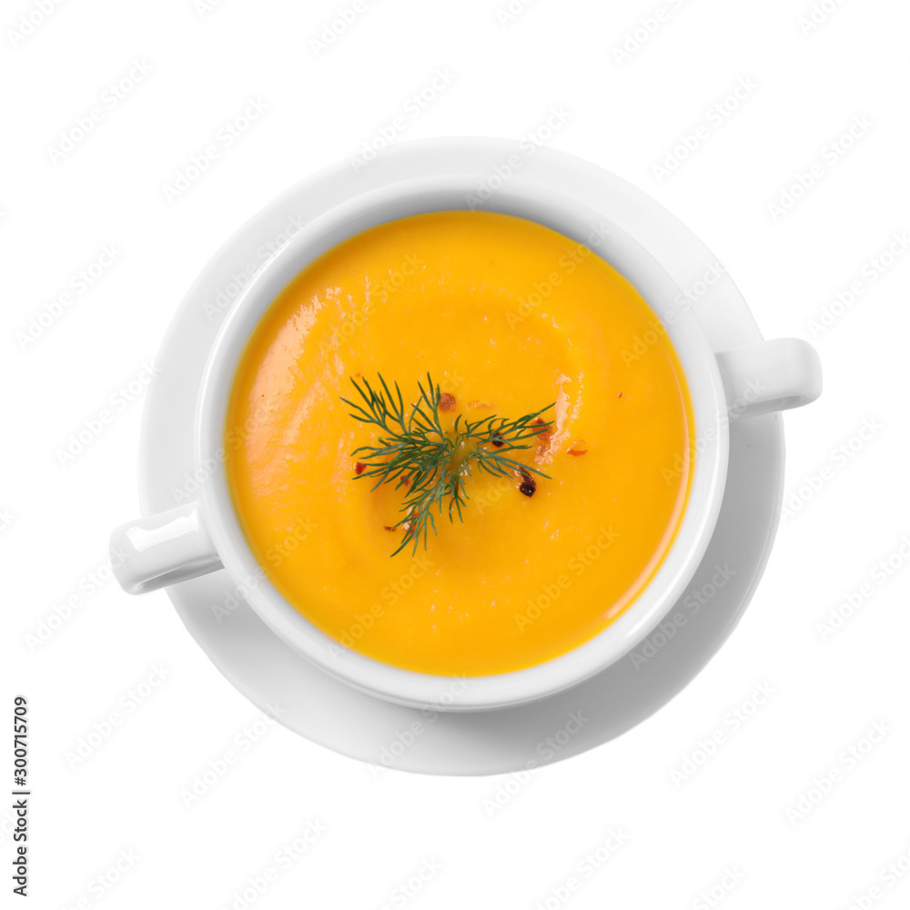 Delicious pumpkin soup in bowl on white background, top view Delicious pumpkin soup in bowl on white background, top view