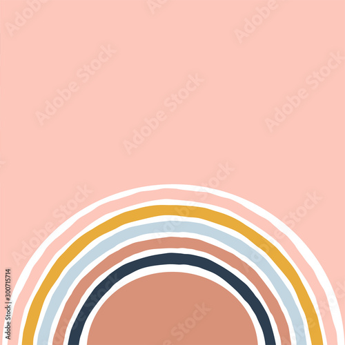 Geometric simple illustration with colourful stripy rainbow. Abstract multicolour retro arc bow on neutral pink background. Flat vector design.
